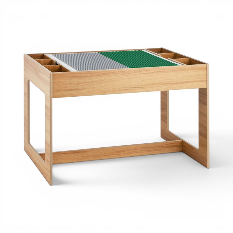 Kids Activity Table with Reversible Chalkboard and Building Block Storage - Natural Finish