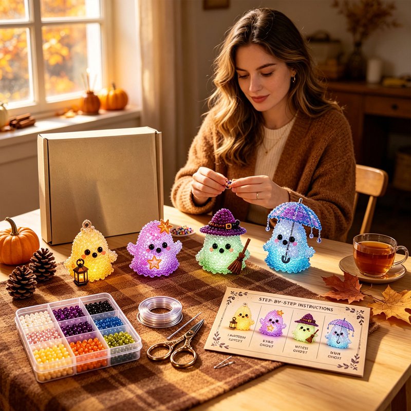 E-Glowing Ghost Dark DIY Bead Kit – Glowing Halloween Craft for Stress Relief (Moocorvic)