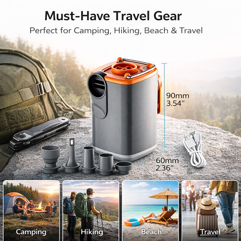 Portable Air Pump for Inflatables with Nozzles, Rechargeable Camping Light