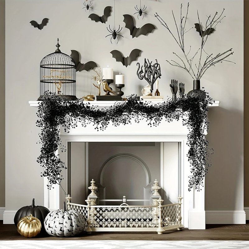 5.9ft Artificial Garland with Black Leaves for Halloween and Holiday Decor