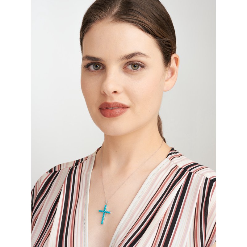 Sterling Silver Turquoise Cross Necklace for Women - Platinum Over Silver, 18 Inch Chain