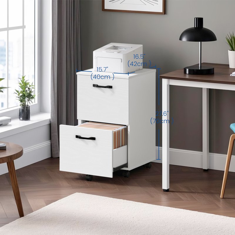 Mobile File Cabinet with 2 Drawers - Office Storage with Locking Casters, Supports A4 & Letter Files, White