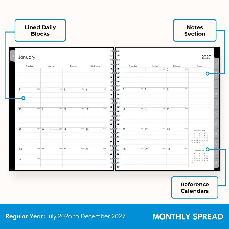 2027 Monthly Planner Calendar, 18 Months, July 2026 - Dec 2027, 8x10, Flexible Cover, Silver Wirebound