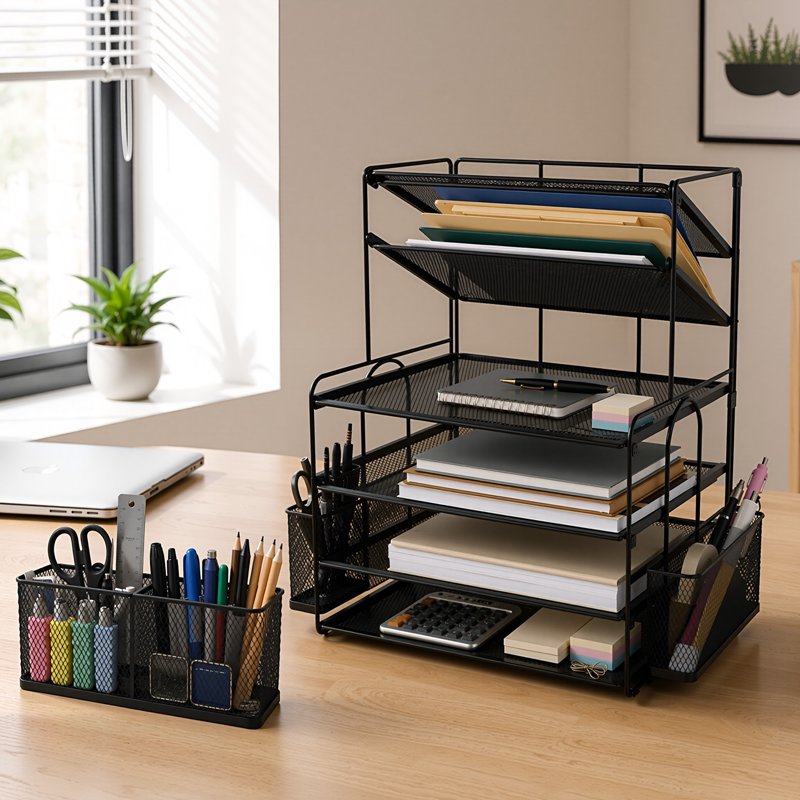 6-Tier Metal Desk Organizer with File Holders and Mesh Trays for Office & Home