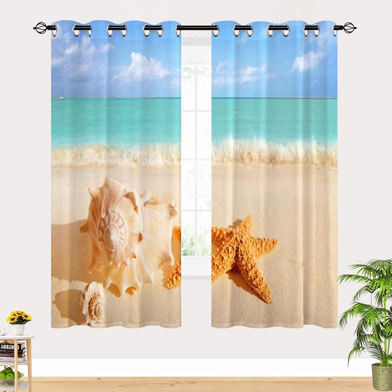 Beach Curtain Set - Tropical Ocean Sea Waves Starfish Shells Waterproof Window Drapes