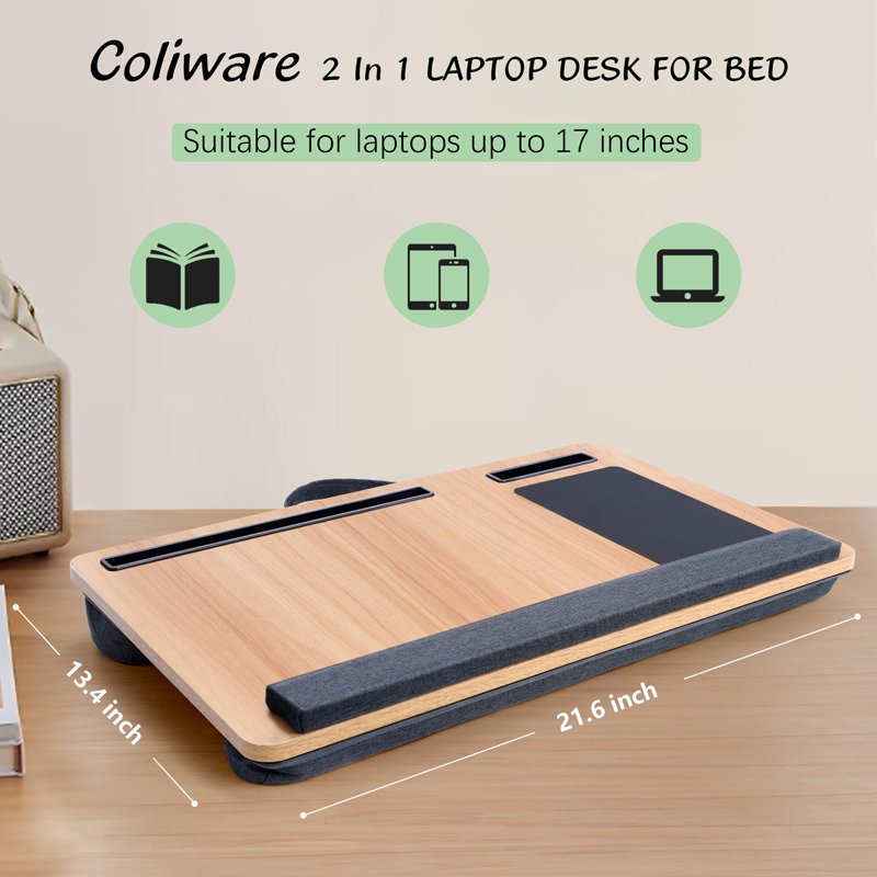 Coliware 21.6 inch Lap Desk with Dual Cushion, Wood Grain — Built-in Mouse Pad & Phone Storage