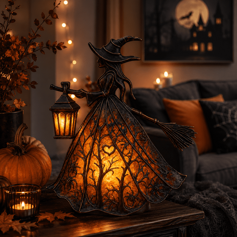 Halloween Witch Resin Night Light - Gothic Witch Decor with Lights, 7 Inch Standing Figurine for Home & Party