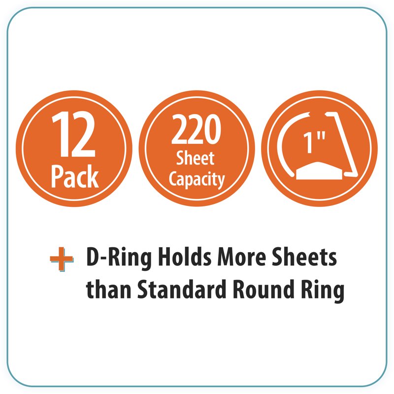 1-Inch Durable Binder with Slanted D-Rings, Black - 12 Pack