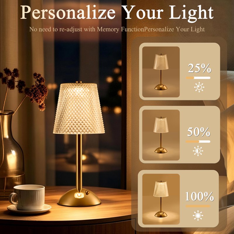 Rechargeable Cordless Crystal Table Lamp with Touch Control and 3 Color Modes