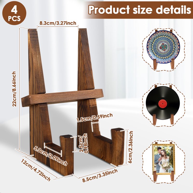 Wooden Plate Stand Set - Rustic Brown Tabletop Easels for Photos & Books, 8.66 Inch, 4 Pieces