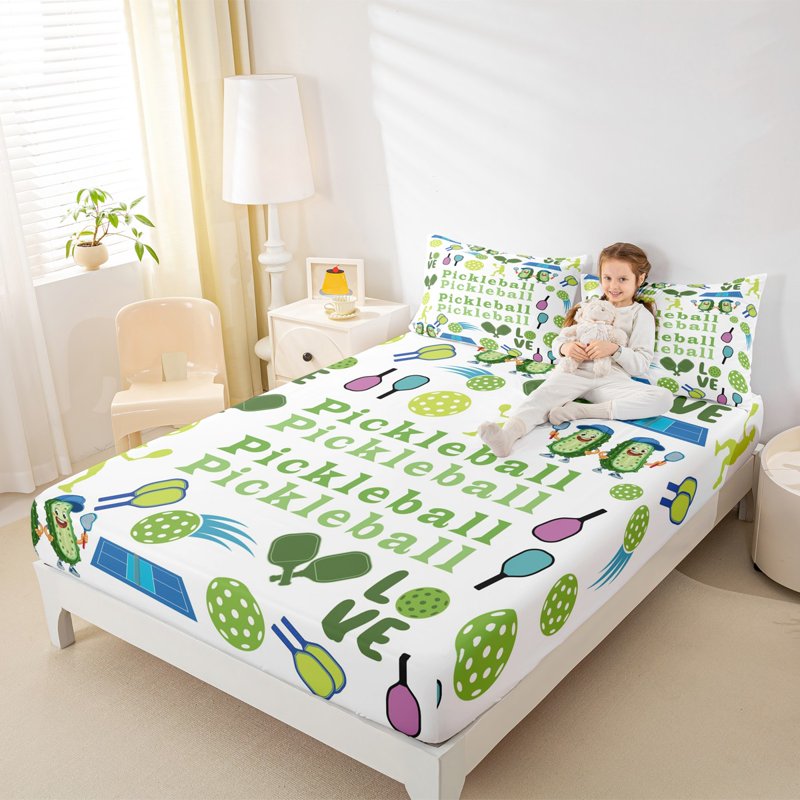 King Size Pickleball-Themed Bed Sheets Set - 4 Pieces, Green White 421 (Variation of THIS listing)