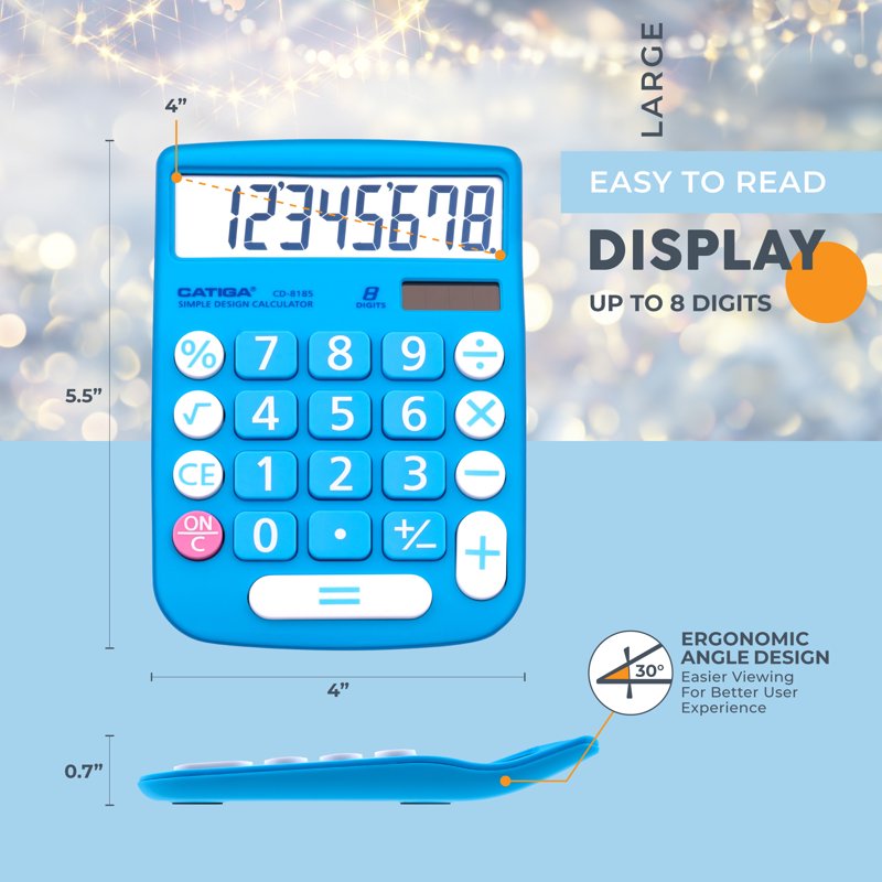 Dual Power Desktop Calculator with Large LCD & Buttons - 8 Digit, Multi-Color
