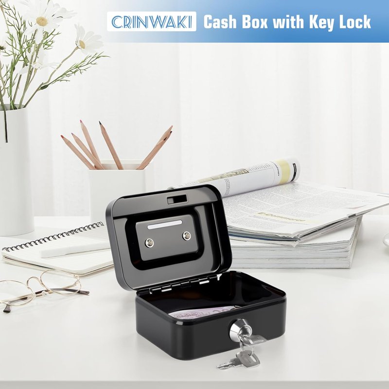 Portable Metal Cash Box with Lock and Key - Small Safe for Money and Coins