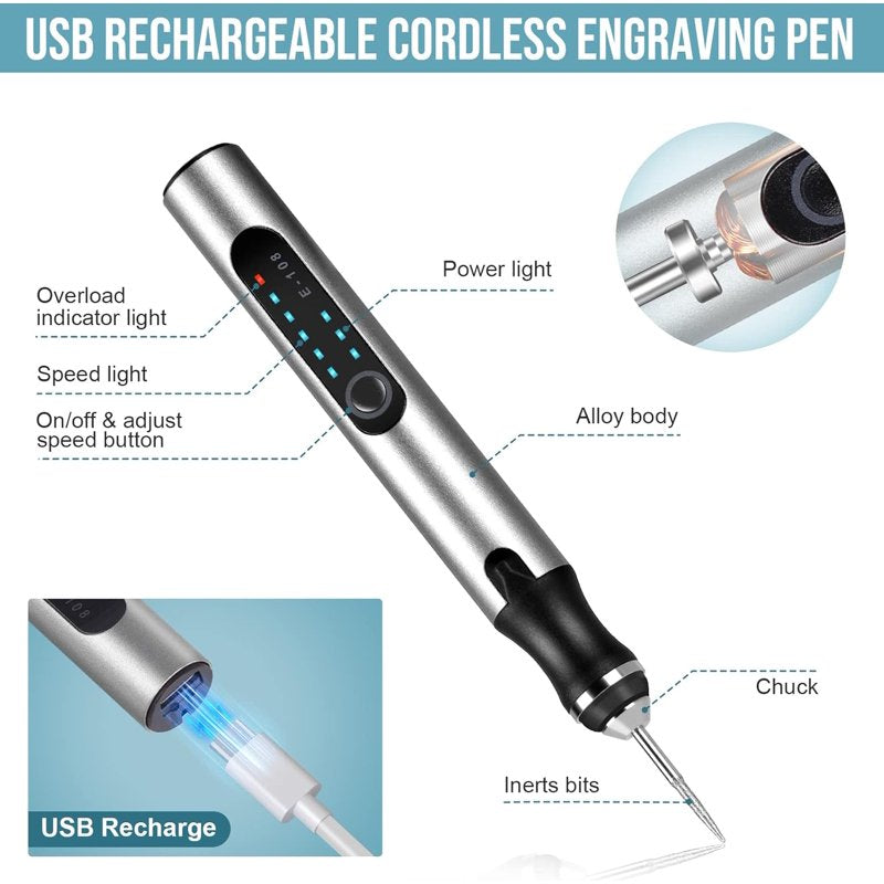 Electric Engraving Pen with 37 Bits - Portable Cordless Rotary Engraver for Jewelry Wood Glass Stone