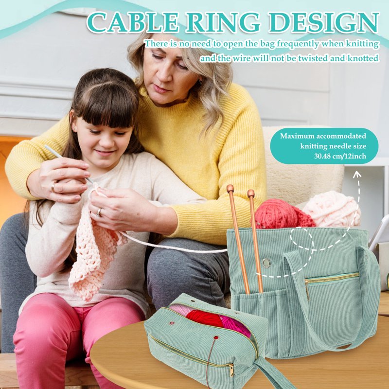 Crochet Bag Organizer and Yarn Tote Set with Needle Pocket and Yarn Holes