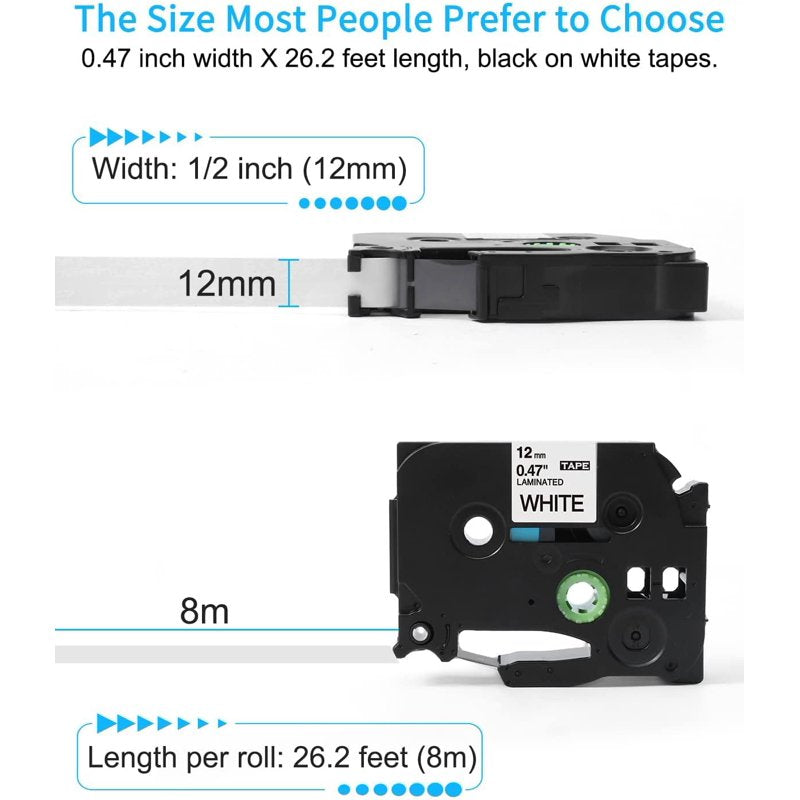 Replace Label Tape 12mm x 26.2ft for Brother P Touch TZe-131 2-Pack