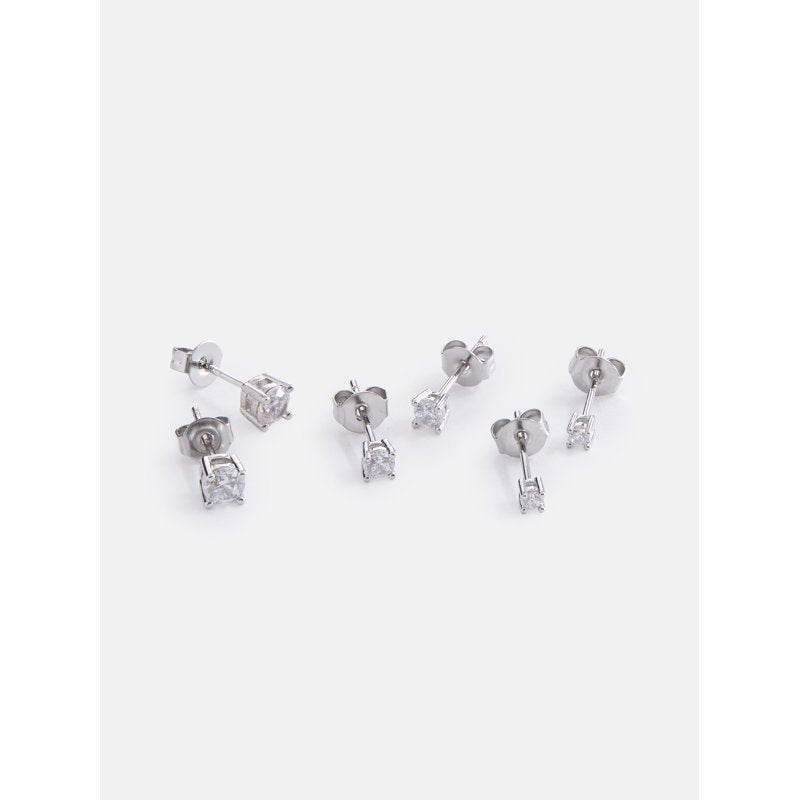 Silver Plated Cubic Zirconia Stud Earring Set for Women – 3 Pairs, Hypoallergenic