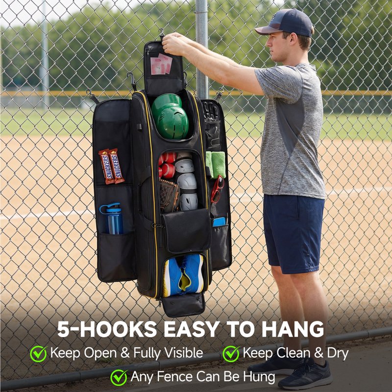 Large Rolling Baseball & Softball Equipment Bag with Wheels, 100L Capacity, Multiple Compartments & Hooks