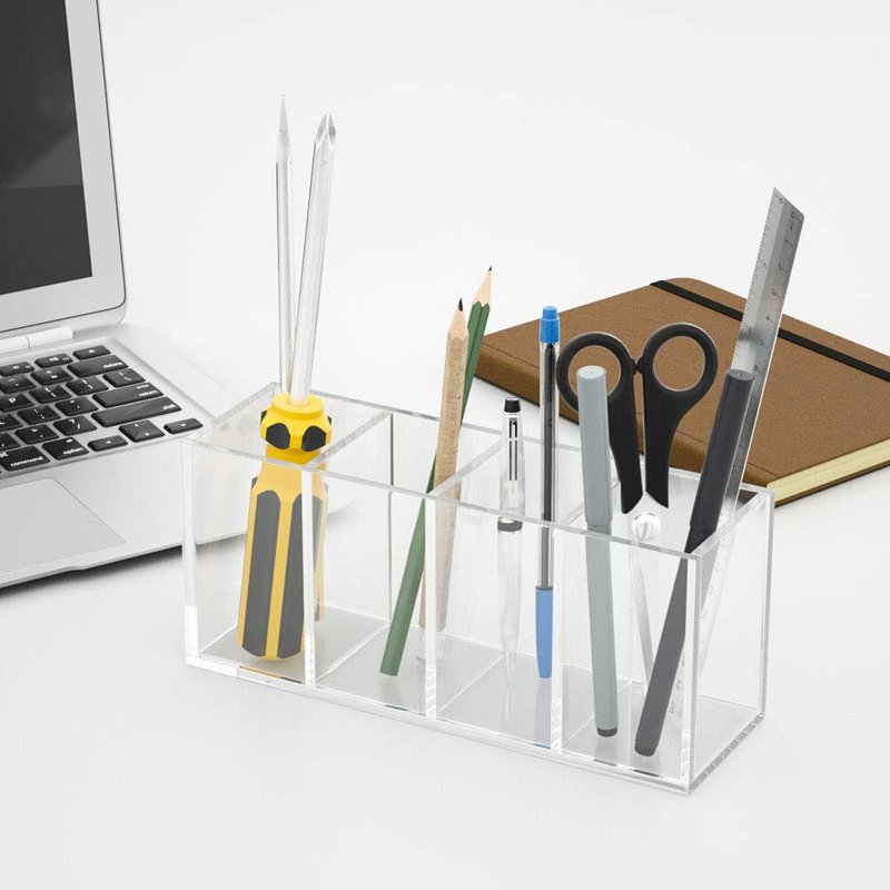 Clear Acrylic Pen Holder with 4 Compartments - Desk Organizer for Office, Makeup & Art Supplies