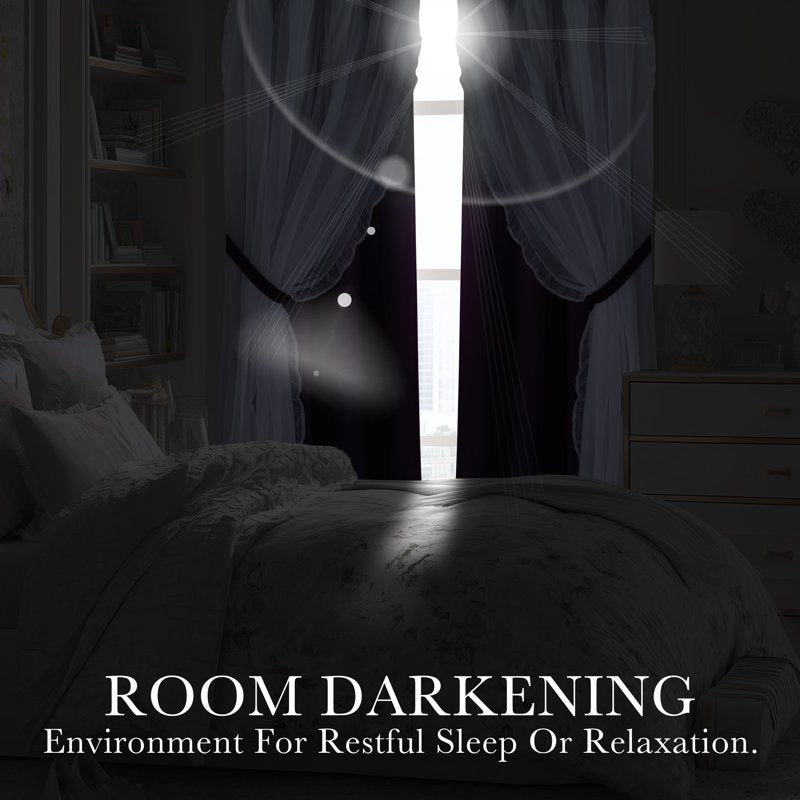 Kids Room Blackout Curtains with Sheer Ruffle Layer - Double Panel Thermal Insulated