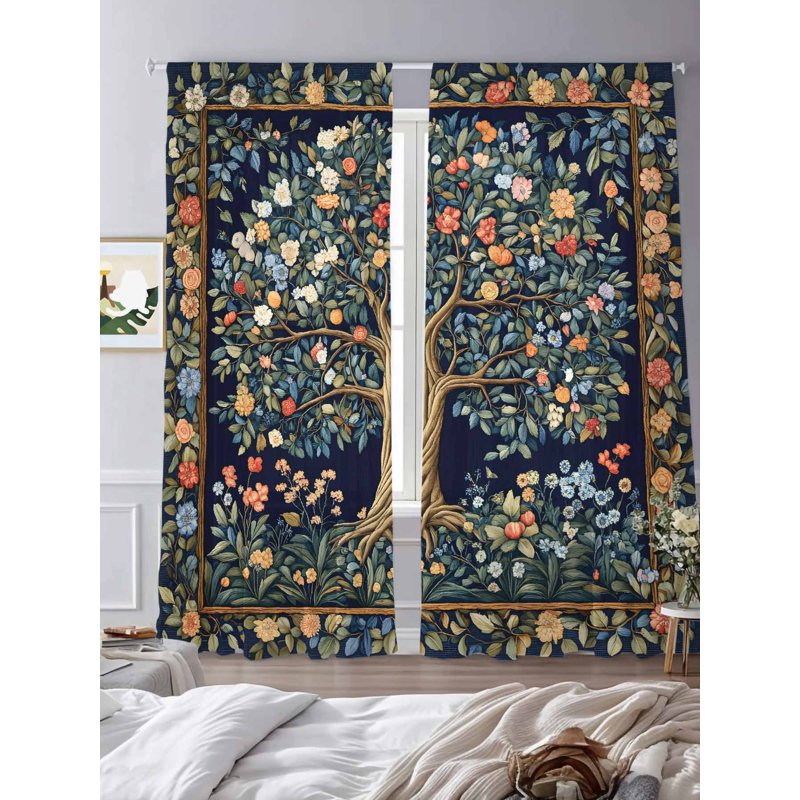 Semi Sheer Boho Floral Curtain Set - Multiple Sizes, 2 Panels