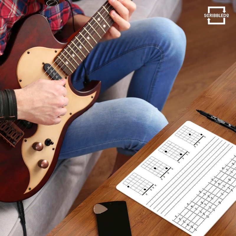Double-Sided Guitar Practice Whiteboard - Chord Diagrams & Line Sets, 11x14 Inches