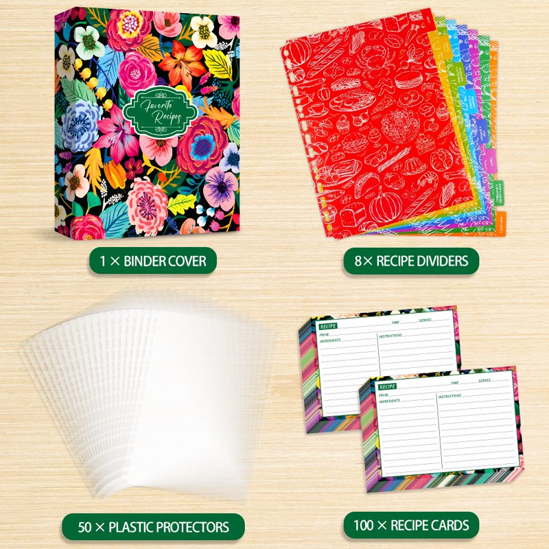 3 Ring Recipe Binder Set with Plastic Sleeves & Recipe Cards - 8.5x11 Inch Organizer, Blooming Flowers Design