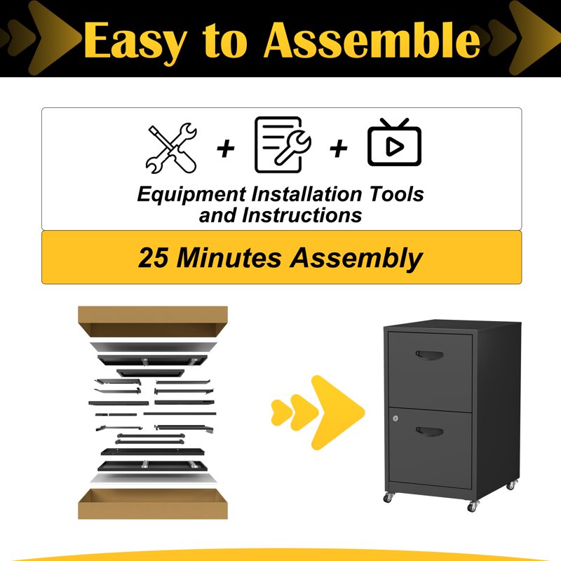 18-Inch Mobile 2-Drawer Metal File Cabinet with Lock and Casters