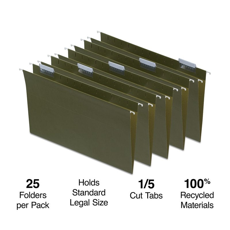 Legal Size Hanging File Folders 25 Pack Green 5-Tab Office Organization