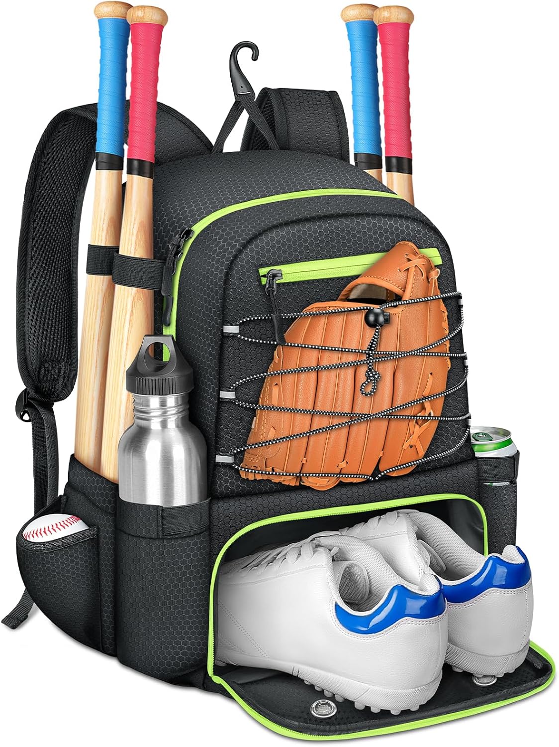 Youth Baseball Backpack with 4 Bats Holder, Shoe Compartment & Fence Hook