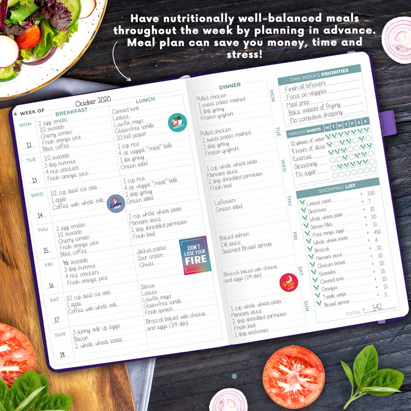 Weekly Meal Planner Journal with Grocery Lists & Trackers - Undated, 1 Year