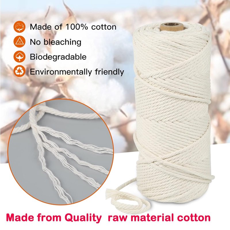 Natural Cotton Macrame Cord 3mm Thick - 110 Yards for DIY Crafts & Decor