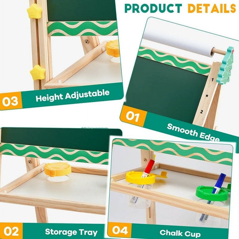 Kids Wooden Art Easel with Paper Roll Double-Sided Adjustable Stand & Accessories