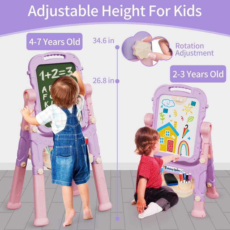 Kids Adjustable Double-Sided Art Easel with Chair, Whiteboard & Chalkboard Set