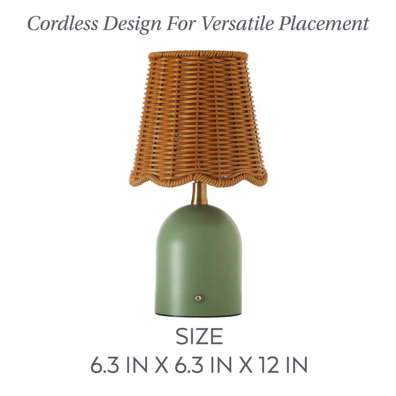 Rechargeable Green Rattan LED Table Lamp - Cordless Dimmable Accent Light