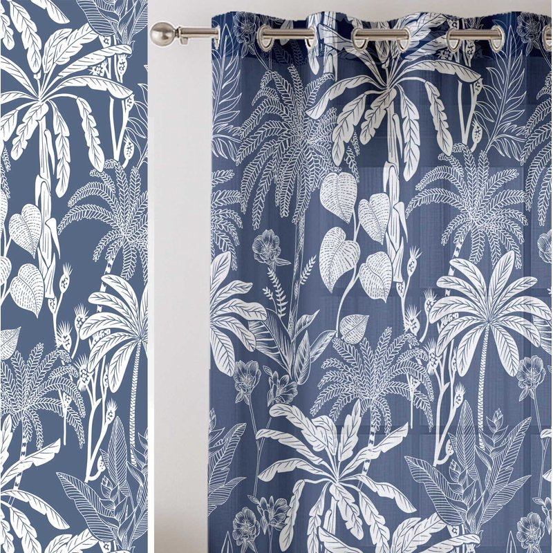 Sheer Tropical Tree Pattern Curtains Set of 2 - Light Filtering Georgette Drapes for Windows