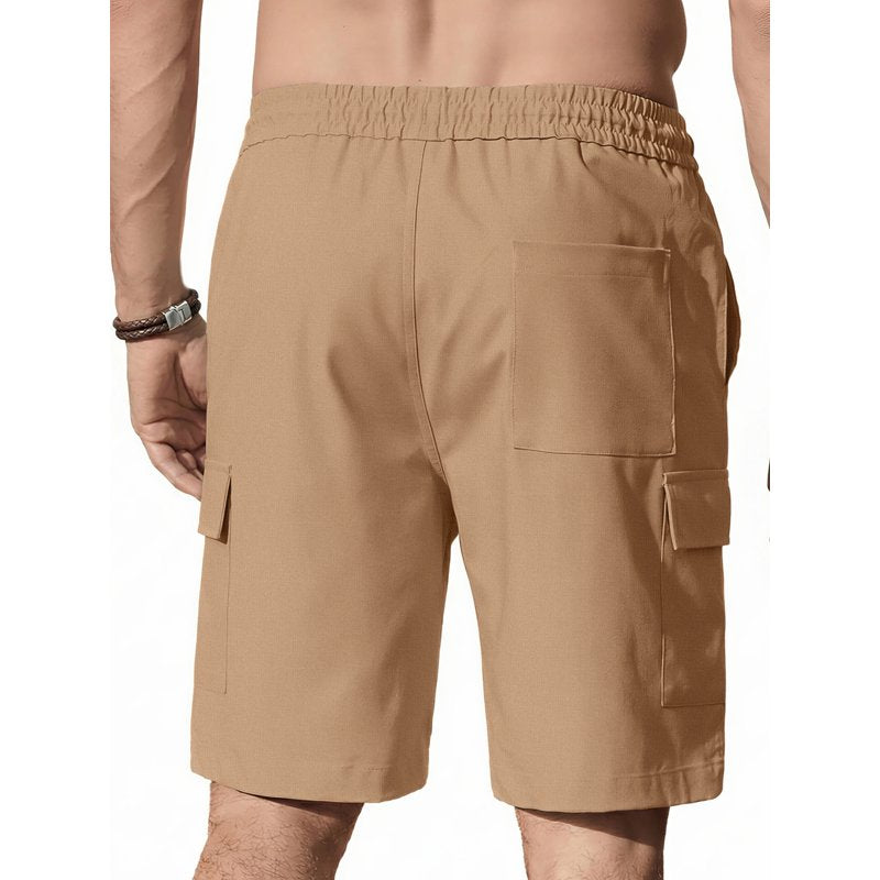 Men's Linen Cargo Shorts Elastic Waist Drawstring Summer Beach Pants with Pockets