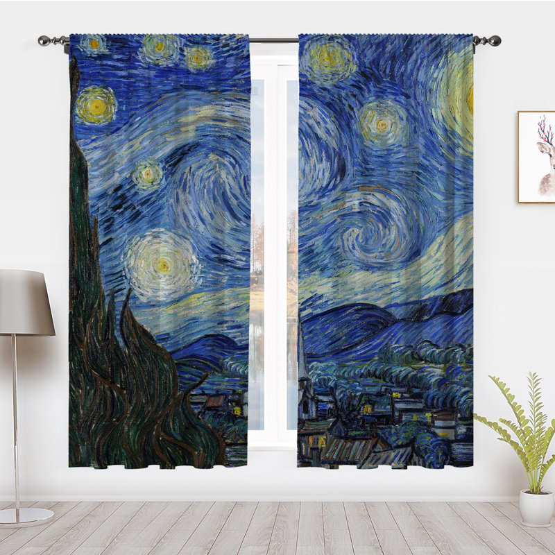 Starry Night Window Curtain Set - Artistic Blackout Drapes for Bedroom