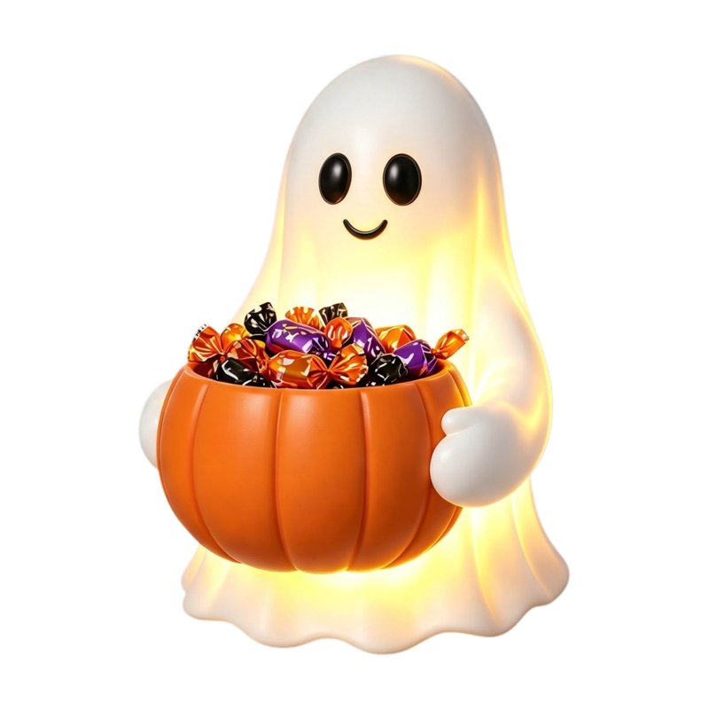 Lighted Halloween Ghost Candy Bowl with LED Illumination and Pumpkin Bucket - Outdoor Indoor Decor