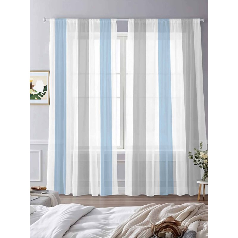 Semi Sheer Curtains 96 Inch Length - Modern Farmhouse Vertical Striped Window Drapes, 2 Panels Set