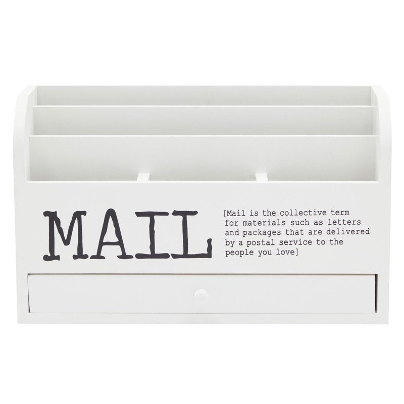 White Desktop Mail Organizer with Drawer - 3-Tier Wooden Countertop Storage Box