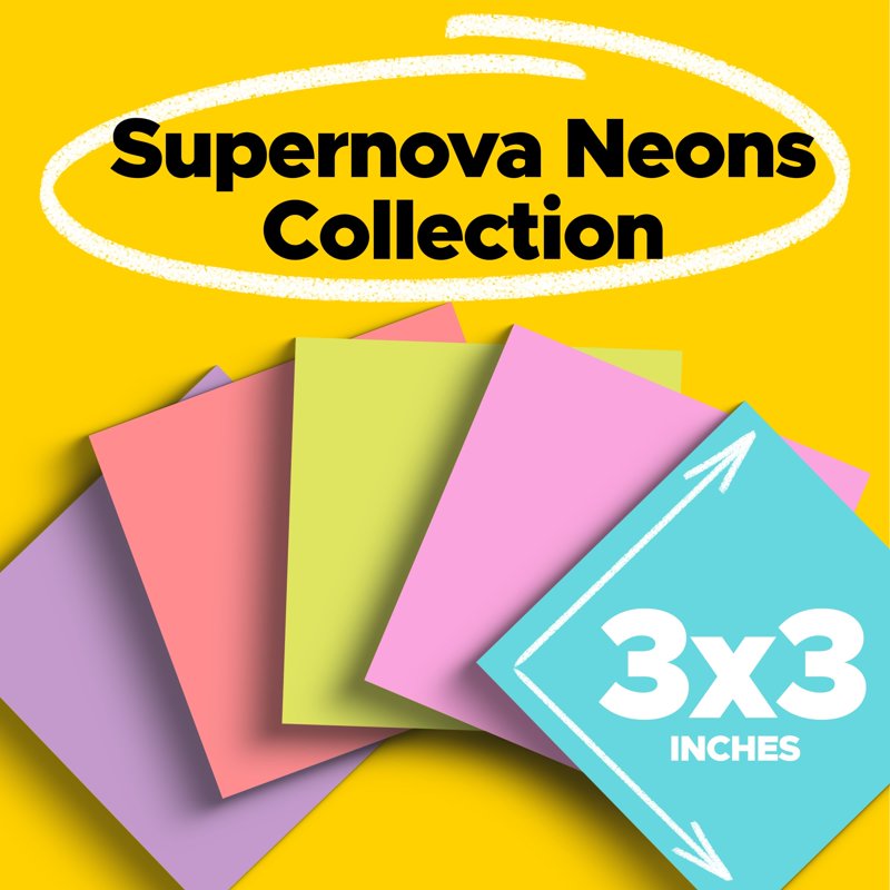 Post-it Super Sticky Notes 3x3 Inches, Neon Colors, 12 Pads
