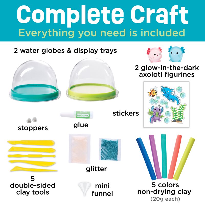 Water Globe Craft Kit with Axolotl Figures for Kids - Make 2 Snow Globes