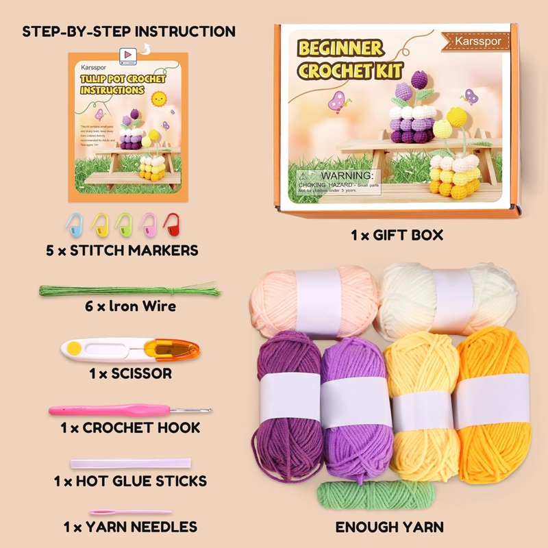 Beginner Crochet Kit with Hook and Tutorials for Creating Potted Tulip Plants