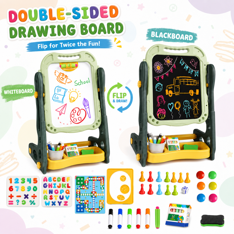 Kids Double Sided Magnetic Drawing & Learning Easel - Adjustable Height Art Board for Toddlers 2-6 Years