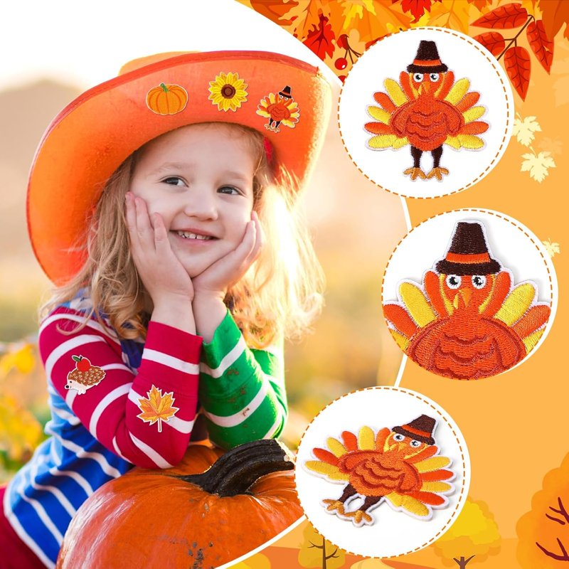 60 Pcs Fall Autumn Embroidered Iron-On Patches Assorted Thanksgiving Decorations