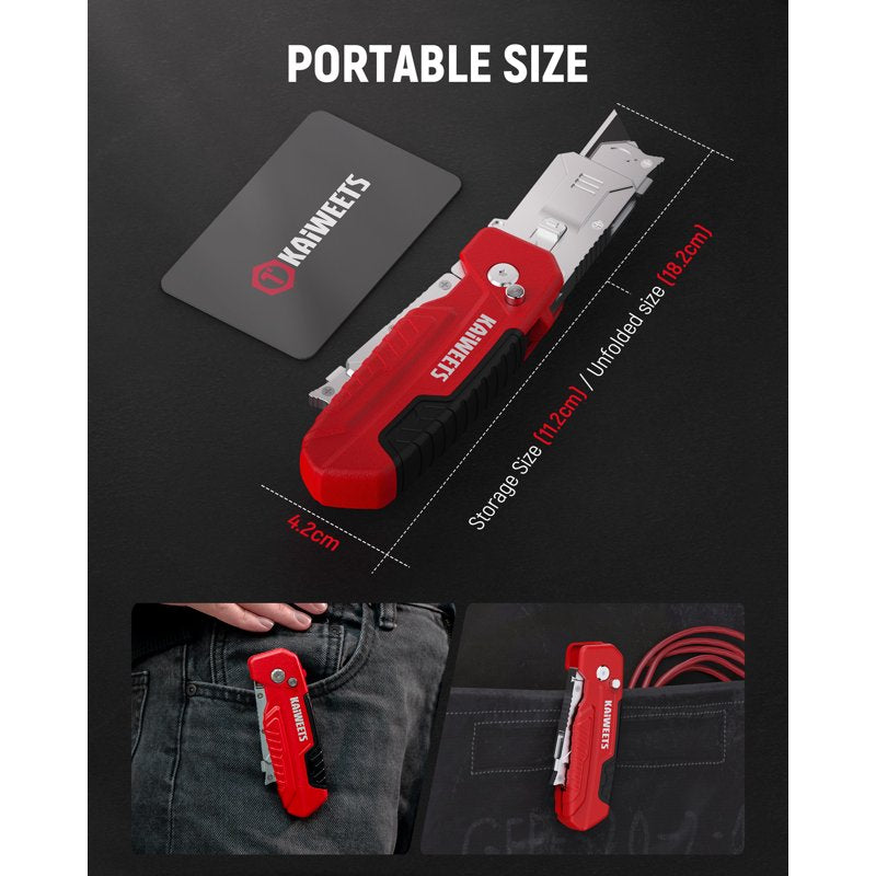 Retractable Utility Knife with Blade Storage and 12 SK2 Blades - DIY Home Renovation Tool, Red