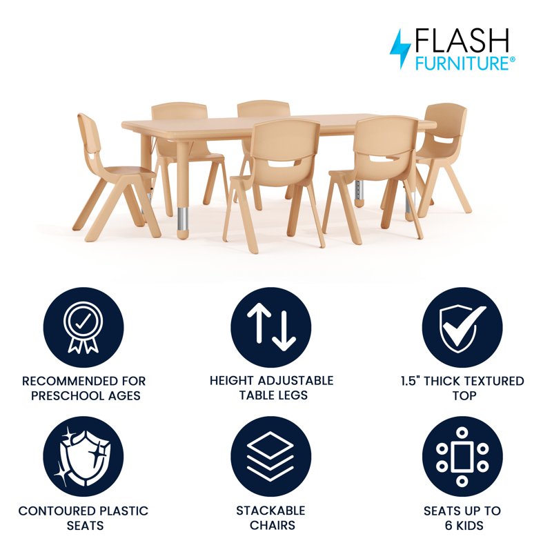Kids Activity Table Set with 6 Plastic Chairs - Height Adjustable Classroom Furniture