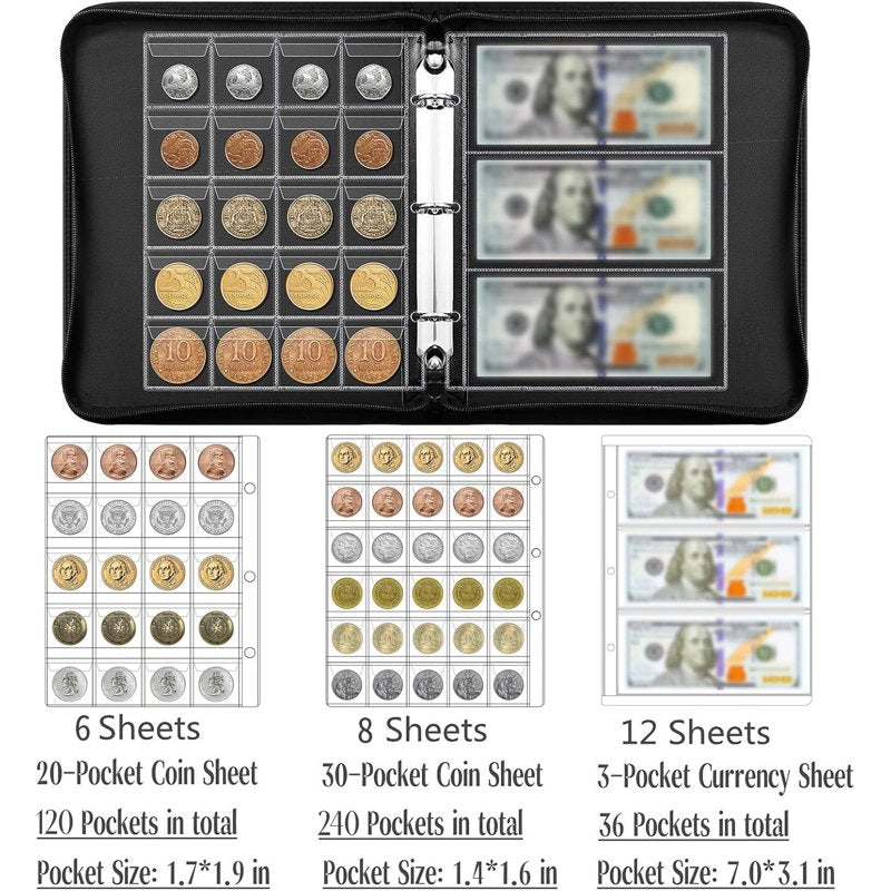 Coin Collection Album with 360 Pockets for Coins & Banknotes - Fireproof Storage Case