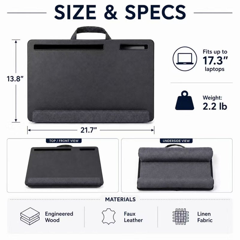 Portable Lap Desk 21.7" for 17.3" Laptops with Dual Cushions, Tablet/Phone Slots